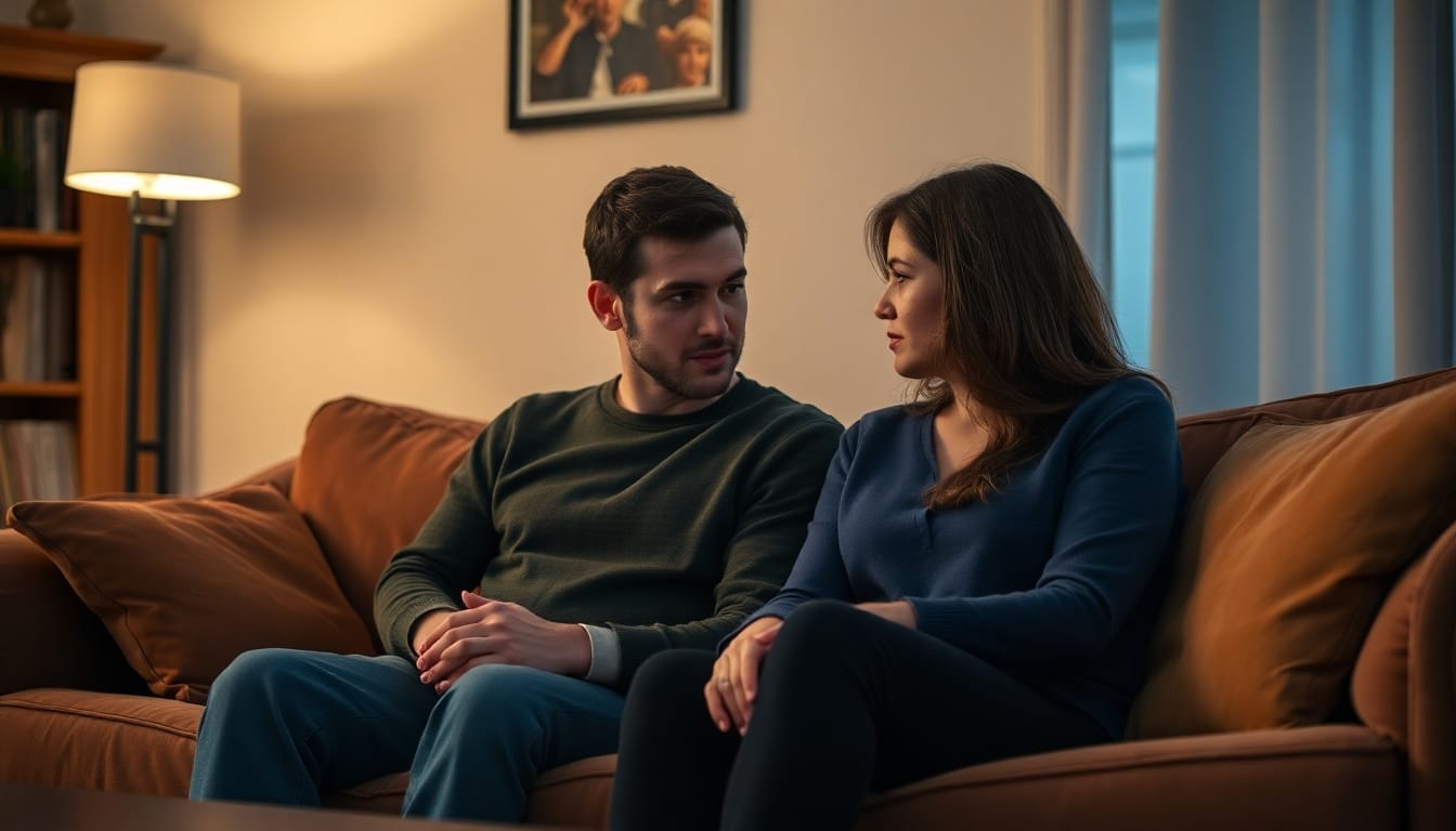 Zwei Narzissten In Einer Beziehung: Herausforderungen und Lösungen für eine gesunde Partnerschaft Couple discussing on a couch in a living room.